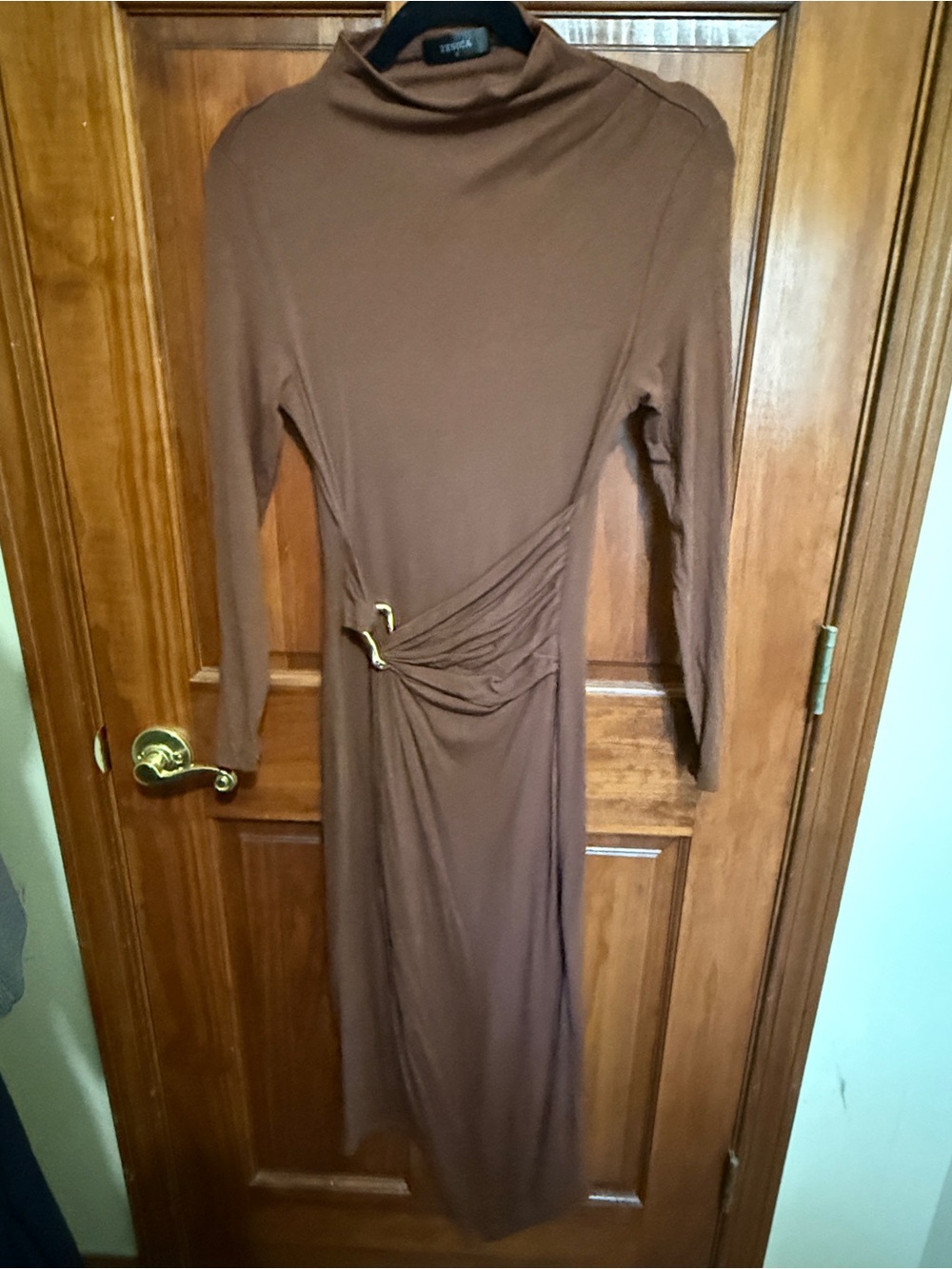 Brown Long Sleeve Maxi Dress with Side Drape and Buckle Detail